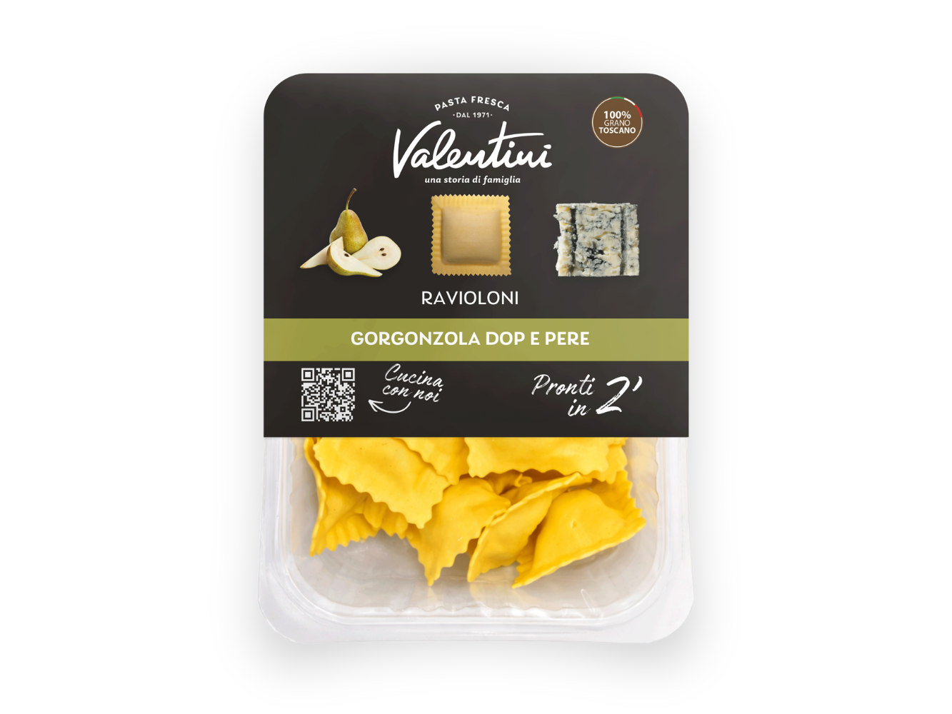 ravioloni gorgonzola dop e pere vista frontale confezione gorgonzola dop e pere