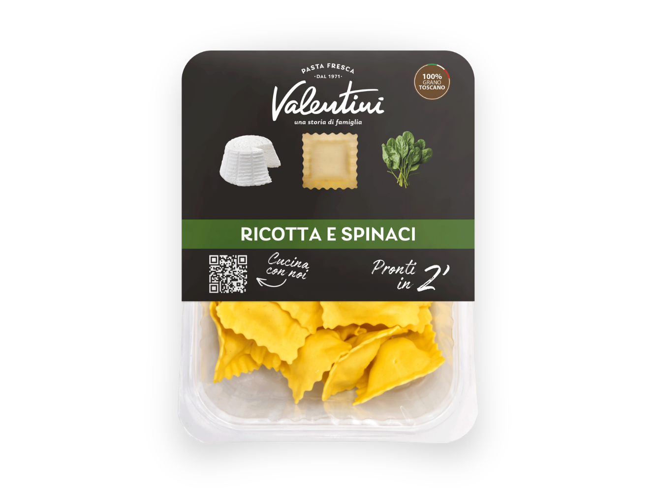 vista frontale confezione ravioli e spinaci
